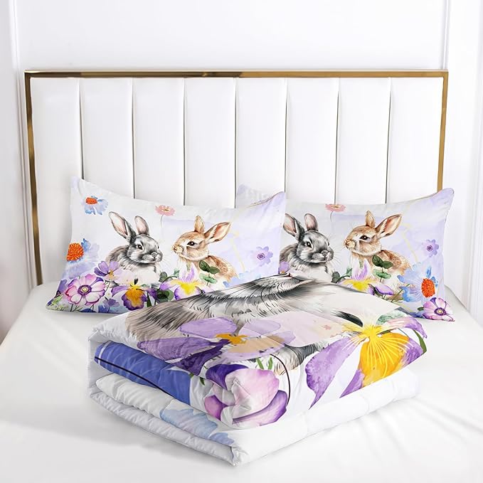 AILONEN Watercolor Comforter Set, Twin Size, Microfiber Soft Bedding Set with 3-Piece Tie Dye Rabbit Printed Home Decorative Comforter and 2 Pillowcases, Wild Flower Rabbit Themed