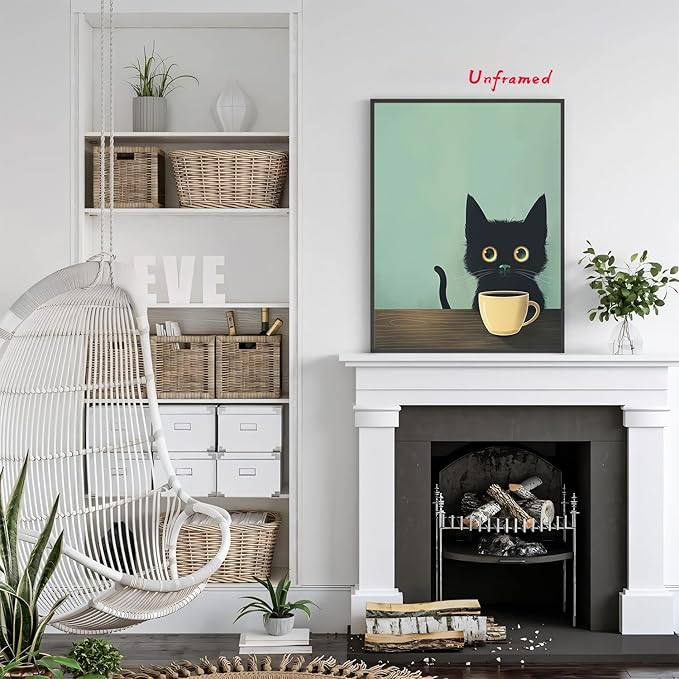 Yaneiro Fun Black Cat Wall Art Abstract Drinking Coffee Picture Cute Retro Black Cat Wall Decor Canvas Poster Print Suitable for Cafe Bar Living Room Restaurant Bedroom 12x16in Unframed