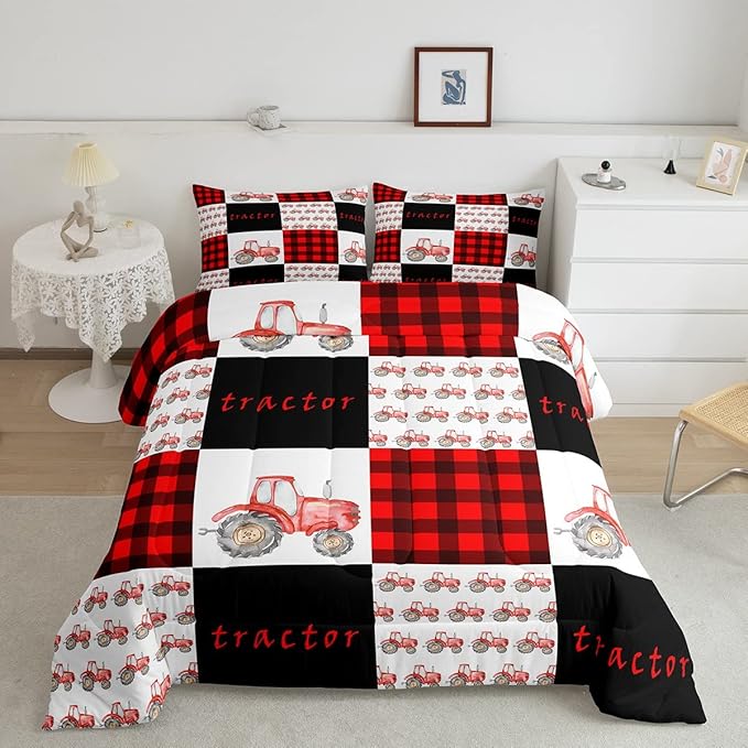 Erosebridal Tractor Bedding Set Red Tractor Comforter for Boys Kids Girls Teens Equipment Truck Comforter Set King Buffalo Plaid Down Comforter Farmhouse Harvester Grid Quilt Set, Black