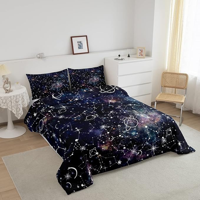 Erosebridal Starry Sky Comforter Set Full Size Constellation Bedding Set Galaxy Sun Moon Down Comforter Purple Universe Print Bedroom Decor Quilt Set for Kid Men Women