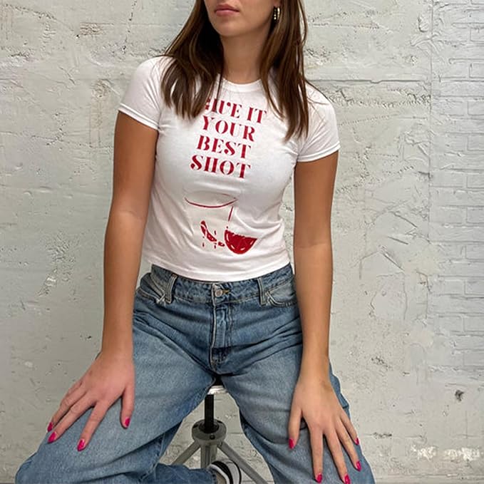 Y2k Womens Graphic Baby Tee Slim Fit Short Sleeve Crop Tops Funny Letter Animal Print Shirts 90s 2000s Streetwear
