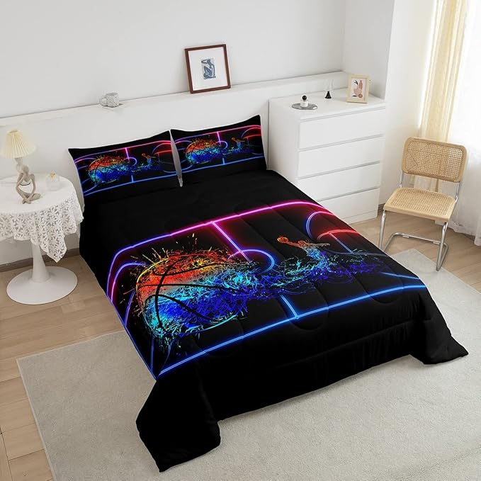 Erosebridal Basketball Comforter Set King 3D Sports Bedding Sets for Boys Teens Kids Men Tie Dye Fire and Ice Comforter Player Sport Game Warm Soft Lightweight Red Blue Quilt Set, Black