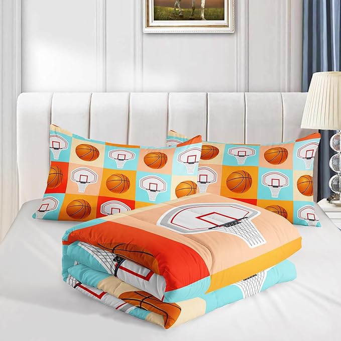 Basketball Comforter Kids Bedding Full Size,Sports Style Basketball Printing Bedding Set for Teens Boys Bedroom Decor,Ball Sports Games Comforter Set Soft Kids Bedding with 2 Pillowcases.