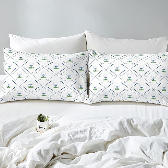 Erosebridal Golf Comforter Set King Size Golf Club Bedding Set Sport Game Athlete Grass Leaf Branches Down Comforter for Men, Room Decorative 3 Pieces Comforter with 2 Pillowcases, White