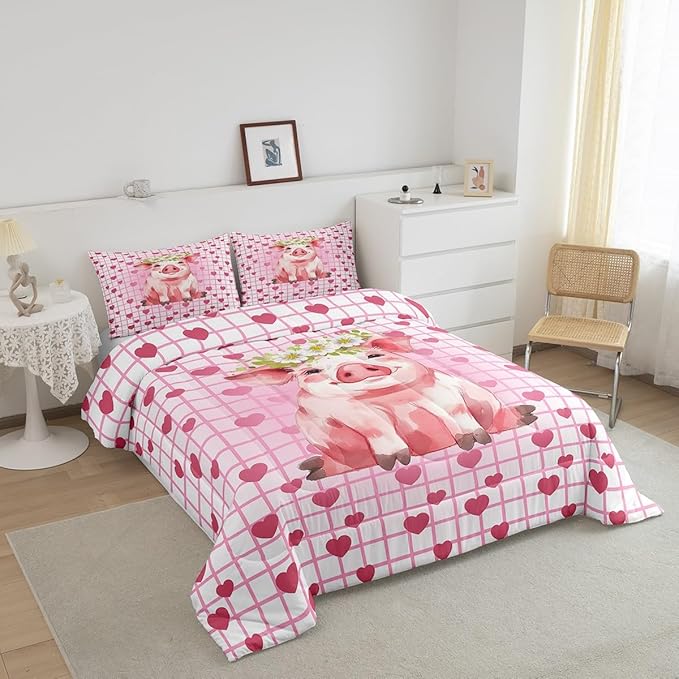 Cute Pig Bedding Set King, Cherry Blossoms Comforter Set For Girls Kids, Cartoon Pet Animal Duvet Set, Pink Grid Heart Pattern Lattice Quilted Duvet, Farmhouse Bedding Comforters, All Season