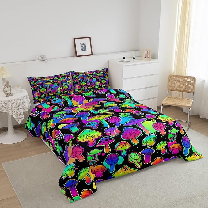 Erosebridal Mushroom Comforter Set Queen Cute Mushroom Comforter for Kids Girls Boys Trippy Cartoon Tie Dye Bedding Sets Teal Purple Neon Ombre Down Comforter Wild Colorful Botanical Quilt Set