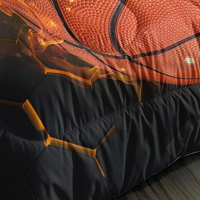 Basketball Bedding Queen Size,Black Honeycomb Background Comforter Flame Basketball Print Bedding Set for Boys Girls Bedroom Decor,Slam Dunk Sports Themed Sets Comforter with 2 Pillowcases.
