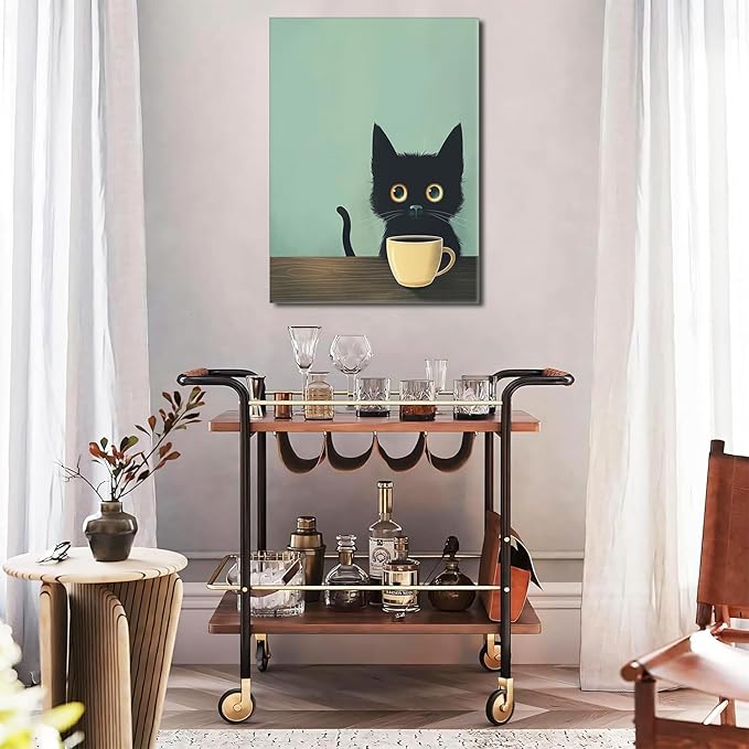 Yaneiro Framed Fun Black Cat Wall Art Abstract Drinking Coffee Picture Cute Retro Black Cat Wall Decor Canvas Poster Print Suitable for Cafe Bar Living Room Restaurant Bedroom 12x16in