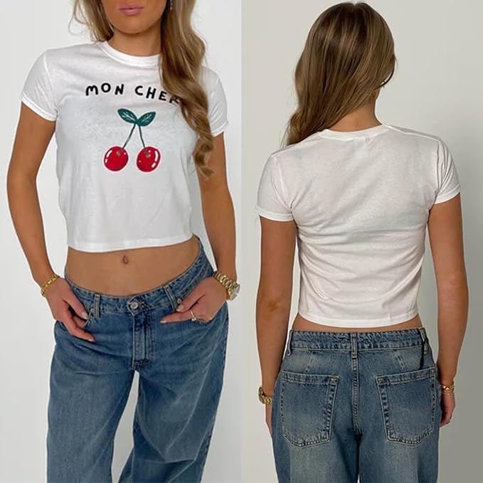 Y2k Womens Graphic Baby Tee Slim Fit Short Sleeve Crop Tops Funny Letter Animal Print Shirts 90s 2000s Streetwear