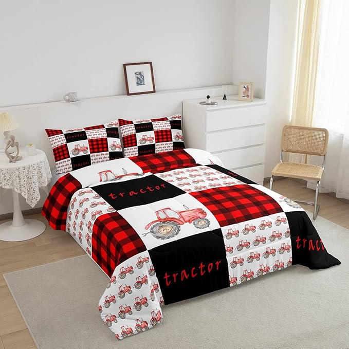 Erosebridal Tractor Bedding Set Red Tractor Comforter for Boys Kids Girls Teens Equipment Truck Comforter Set King Buffalo Plaid Down Comforter Farmhouse Harvester Grid Quilt Set, Black