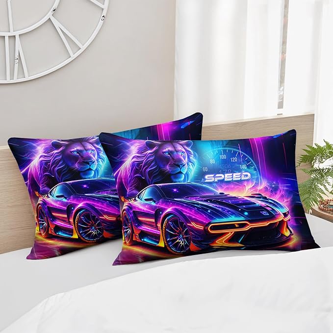 AILONEN Boys Kids Racing Car Bedding Set Queen Size,Neon Speed Car & Lion Comforter with 2 Pillowcases,3 Pieces Soft Lightweight Racer Duvet Set