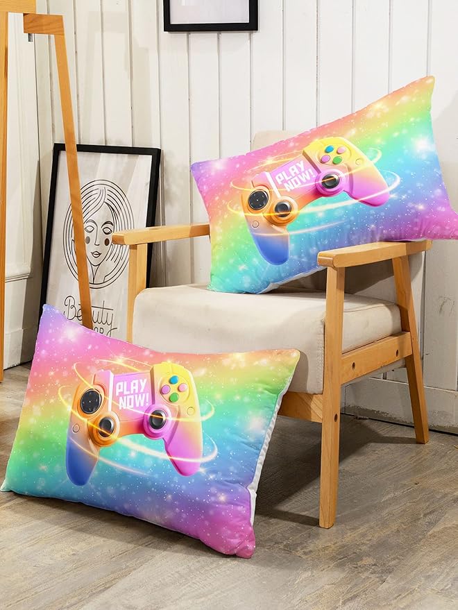 Bedding Comforter Set Rainbow Gamepad Printed Pattern Quilt with 1 and 2 Pillowcases for Girls Bedroom All Season(Rainbow Full) Full 80x90inches
