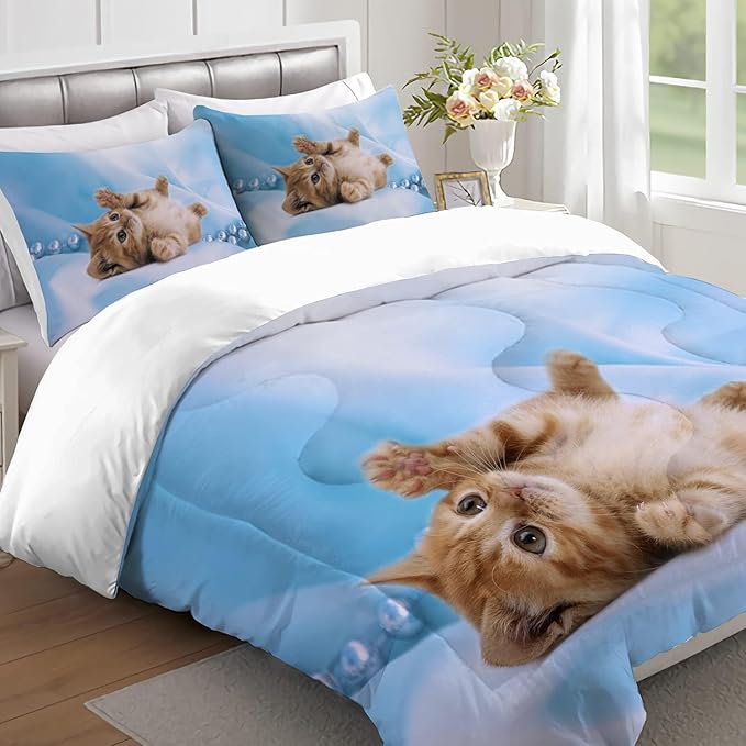 Yasida Cat Comforter Girls Summer Comforter Set Set Twin Size for Kids Blue Cat Comforter 3Pcs Twin Kids Bedding Set for Boys and Girls (1Comforter+ 2 Pillowcases) Lovely Animal Pets