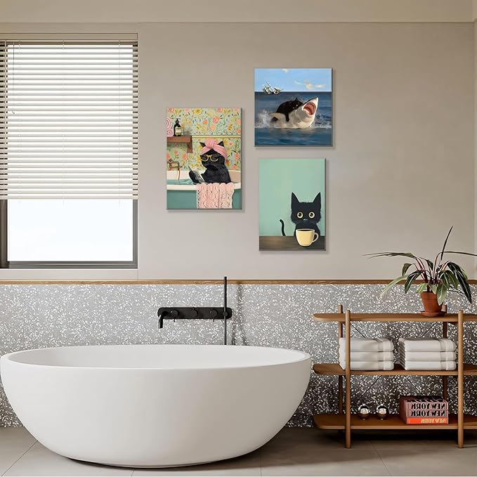 Yaneiro Funny Black Cat Bathroom Canvas Bathroom Wall Art Framed Cute Cat Prints Pictures Posters Wall Decor for Living Room Bedroom Toilet Kids Room Wall Paintings 12x16 in