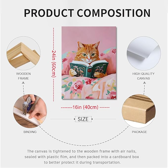 Yaneiro Framed Vintage Cats Canvas Wall Art, Funny Animal Reading Books Poster Printing Pictures, Pink Cute Cat Lovers Wall Decor for Girls Room Bedroom Kids Room Living Room Bathroom 16x24 in