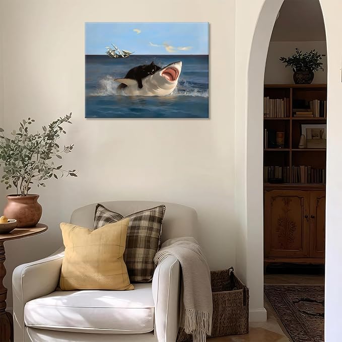 Yaneiro Framed Black Cat Wall Art, Funny Quirky Cat and Shark Pictures Canvas Print, Abstract Black Cat Shark Posters Wall Decor for Room Bedroom Living Room Bathroom 12x16in