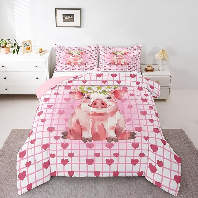 Cute Pig Bedding Set King, Cherry Blossoms Comforter Set For Girls Kids, Cartoon Pet Animal Duvet Set, Pink Grid Heart Pattern Lattice Quilted Duvet, Farmhouse Bedding Comforters, All Season