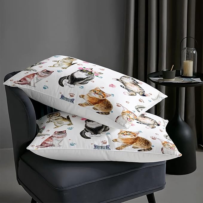 AILONEN Watercolor Cat Print Bedding Set Twin Size with Cats and Footprints Comforter Set for Boys Girls,Group of Cute Cats Soft Breathable White Tint Duvet Set 3 Pieces, 1 Quilt and 2 Pillowcases