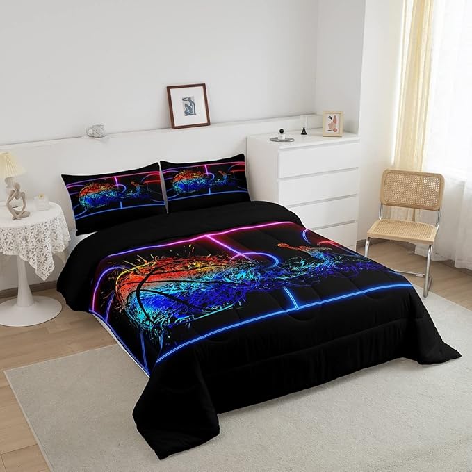 Erosebridal Basketball Comforter Set King 3D Sports Bedding Sets for Boys Teens Kids Men Tie Dye Fire and Ice Comforter Player Sport Game Warm Soft Lightweight Red Blue Quilt Set, Black