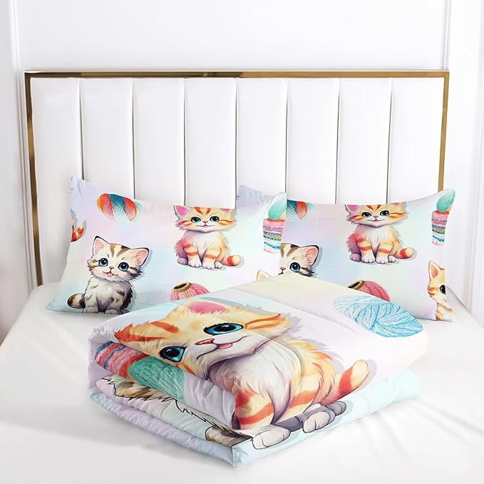 AILONEN Cute Cat Kitten Comforter Set Twin Size, Kids Girls Soft Microfiber Bedding Set for Bedroom,Colorful Watercolor Cat Comforter with 2 Pillowcases,3-Piece
