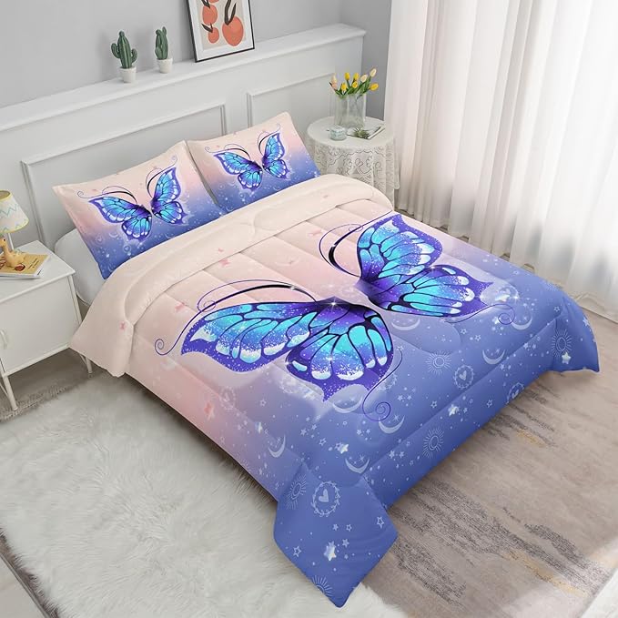 Bedding Comforter Set Pink Purple Butterfly Printed Pattern Quilt with 1 and 2 Pillowcases for Girls Bedroom All Season(Butterfly Twin) Twin 68x86inches