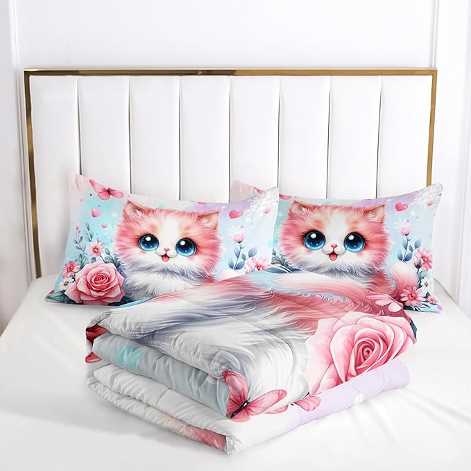 AILONEN Cute Kawaii Cat Full Bedding Set for Girls,Watercolor Floral Kitten Kids Comforter Set,Pink Tie Dye Pet Cat Butterfly Comforter with 2 Pillowcases, 3 Piece