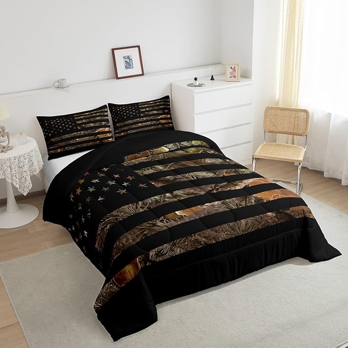 American Flag Camo Comforter Set Full,Military Hunting Bedding Set Rustic Trees Leaves Camouflage Comforter for Boys Teens Kids Man Bedroom Nature Conifer Oak Branches Bedding Quilt Set 3 Pcs