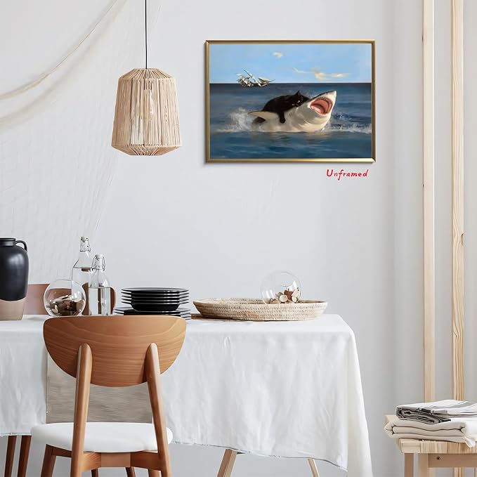 Yaneiro Black Cat Wall Art, Funny Quirky Cat and Shark Pictures Canvas Print, Abstract Black Cat Shark Posters Wall Decor for Room Bedroom Living Room Bathroom 12x16in Unframed
