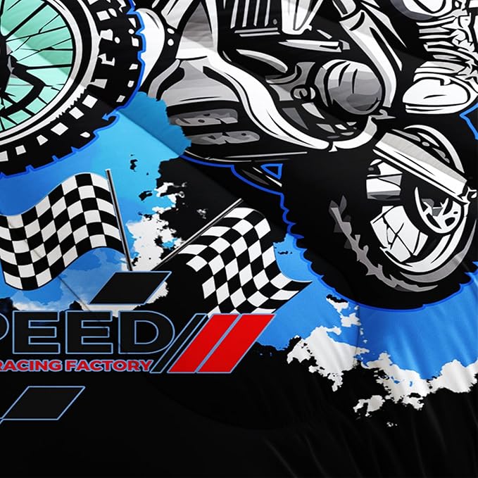 AILONEN Extreme Sport Dirt Bike Bedding Set for Kids Boys Men, Full Size Blue Black Motocross Comforter with 2 Pillowcases,3 Pieces