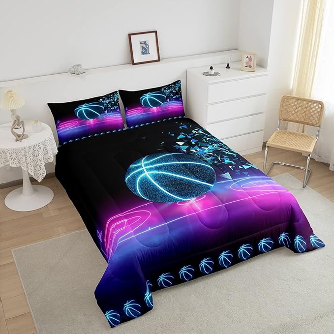Basketball Comforter Set Full Size Neon Sport Bedding Set For Kids Boys Girls Teens Blue Purple Gradient Glowing Basketball Down Comforter Room Decor Lightweight 2 pillow cases Duvet Insert