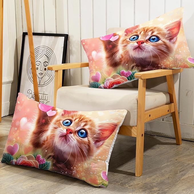 AILONEN Cat Comforter Set Twin Size,Watercolor Cat Bedding for Girls, Cute Cartoon Kitten Bedding Pink Flower Cat Twin Comforter Sets for Kids,1 Comforter+ 2 Pillowcase-3 Pieces