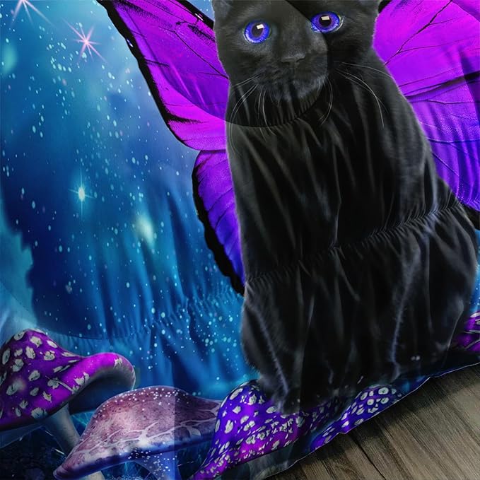 AILONEN Black Cat Comforter Set Queen Size, Butterfly Cat Bedding Set for Girls Boys,Blue Starry Moon Purple Mushroom Duvet Set 3 Pieces, 1 Quilt and 2 Pillowcases