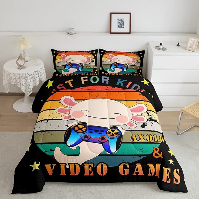 Gamer Bedding Set Axolotl Comforter Set Full, Video Games Gaming Down Comforter For Kids Boys Girls Teens, Rainbow Duvet Set, Cute Wildlife Animal Bedroom Decor, Pink Orange, With 2 Pillow Cases