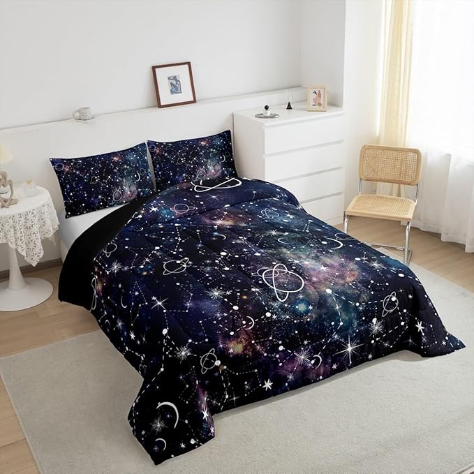 Erosebridal Starry Sky Comforter Set Full Size Constellation Bedding Set Galaxy Sun Moon Down Comforter Purple Universe Print Bedroom Decor Quilt Set for Kid Men Women