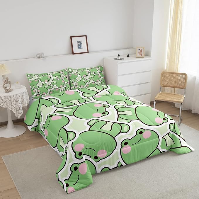 Frogs Comforter Set Full Size, Cartoon Frog Bedding Set For Kids Boys Girls Teens, Kawaii Green Wild Animals Farmhouse Down Comforter, Cute Wildlife Rustic Funny Duvet Set 2 Pillow Cases Room Decor