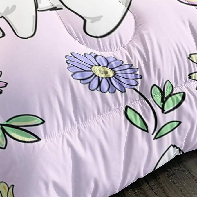 AILONEN Rabbit Comforter Set Twin Size, Cute Bunny Bedding Set,Girls Kids Kawaii Comforter Set,Colorful Daisy Floral Duvet Set 3 Pieces, 1 Quilt and 2 Pillowcases