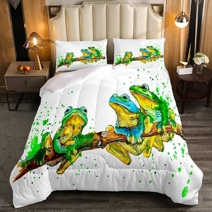 Erosebridal Cartoon Frog Comforter Set Twin Size, Green Tie Dye Down Comforter, Tree Branch Quilted Duvet,Animal Soft Duvet Insert for Kid Adult, White Room Decor Reversible All Season