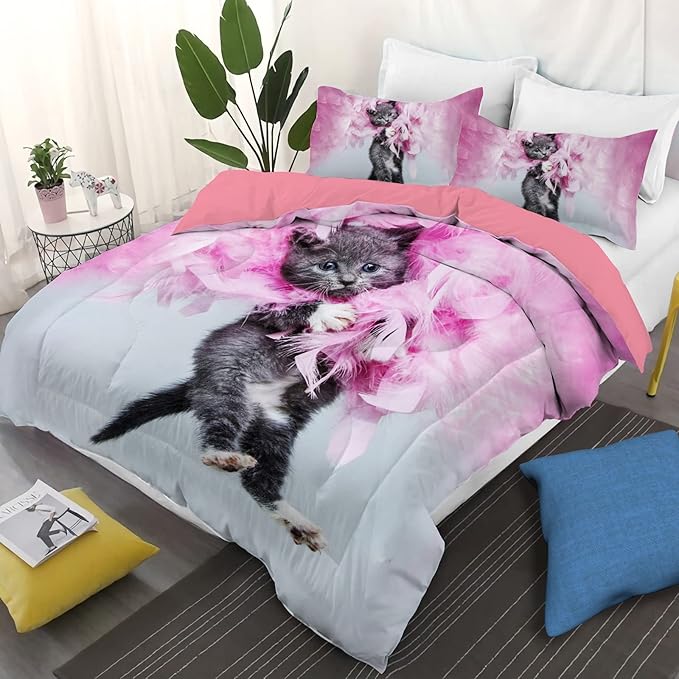 Yasida Twin Cat Bedding Set - Pink Feathers Black Cat 3Pcs (1 Comforter + 2 Pillowcases) Kids Animal Pets Comforter Set
