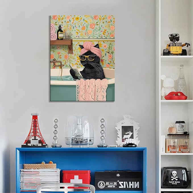 Yaneiro Funny Black Cat Bathroom Canvas Bathroom Wall Art Framed Cute Cat Prints Pictures Posters Wall Decor for Living Room Bedroom Toilet Kids Room Wall Paintings 12x16 in