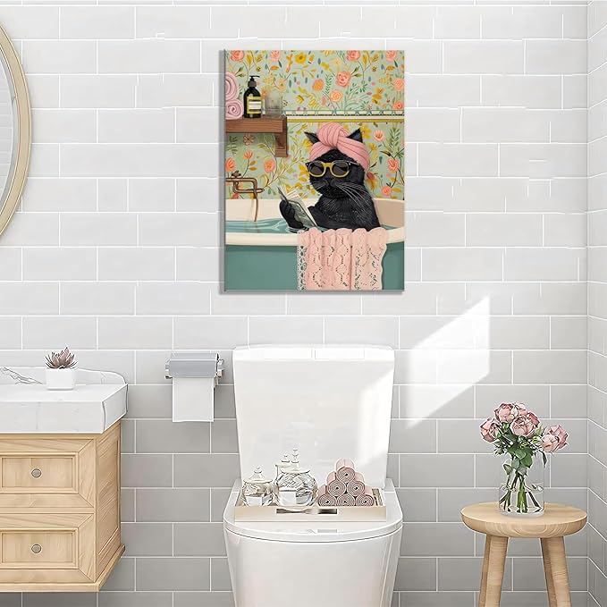 Yaneiro Funny Black Cat Bathroom Canvas Bathroom Wall Art Framed Cute Cat Prints Pictures Posters Wall Decor for Living Room Bedroom Toilet Kids Room Wall Paintings 12x16 in