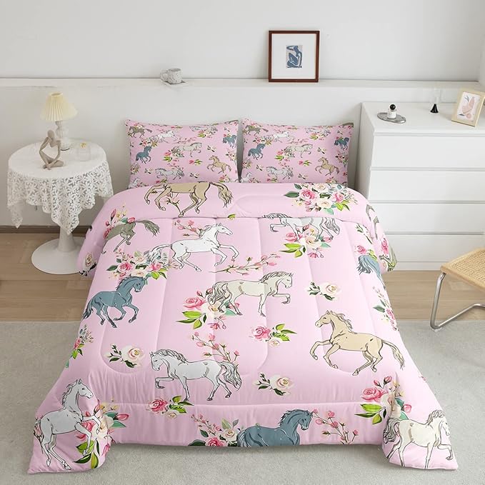 Erosebridal Horse Comforter Set Queen Rose Bedding Set for Girls Boys Kids Teens Western Cowboy Cowgirls Wild Animal Floral Down Comforter Cute Horses Flower Duvet Insert Lightweight, Pink