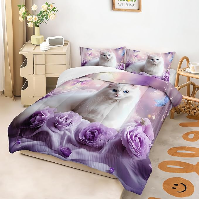 AILONEN Girls Cat Kitten Comforter Set Full Size,Purple Rose Butterfly Cat Princess Kids Bedding Set,White Cat Comforter with 2 Pillowcases,Beautiful Cat Duvet Set 3 Pieces