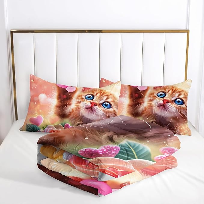 AILONEN Cat Comforter Set Twin Size,Watercolor Cat Bedding for Girls, Cute Cartoon Kitten Bedding Pink Flower Cat Twin Comforter Sets for Kids,1 Comforter+ 2 Pillowcase-3 Pieces