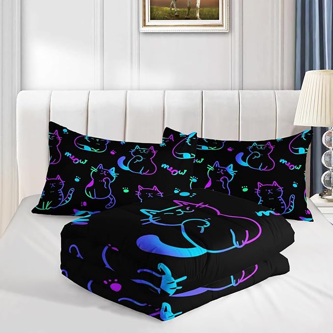 3D Neon Cat Kids Comforter Set,Gradient Line Cat Toddler Comforters Twin Size for Teens Kids Boys Girls Room Decoration,Black Kawaii Bedding Sets with 2 Pillowcases.