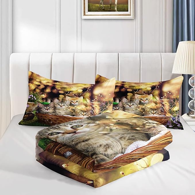 AILONEN Cat Comforter Set for Kids & Teens, 3D Printed Animal Bedding Set, Twin Size, Easy Care, 1 Comforter 2 Pillowcases