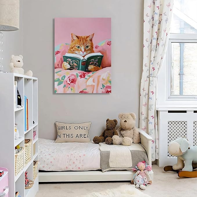 Yaneiro Framed Vintage Cats Canvas Wall Art, Funny Animal Reading Books Poster Printing Pictures, Pink Cute Cat Lovers Wall Decor for Girls Room Bedroom Kids Room Living Room Bathroom 16x24 in