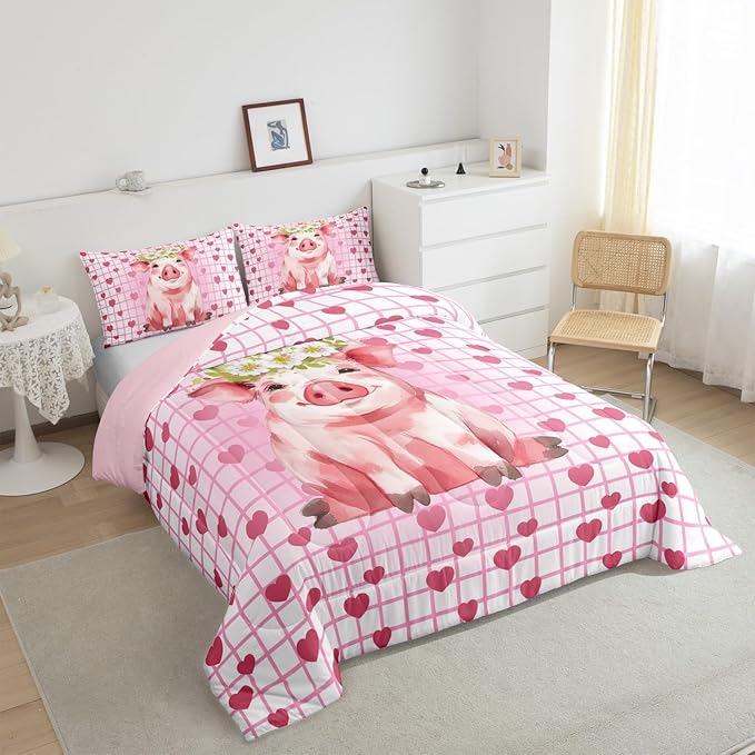 Cute Pig Bedding Set King, Cherry Blossoms Comforter Set For Girls Kids, Cartoon Pet Animal Duvet Set, Pink Grid Heart Pattern Lattice Quilted Duvet, Farmhouse Bedding Comforters, All Season