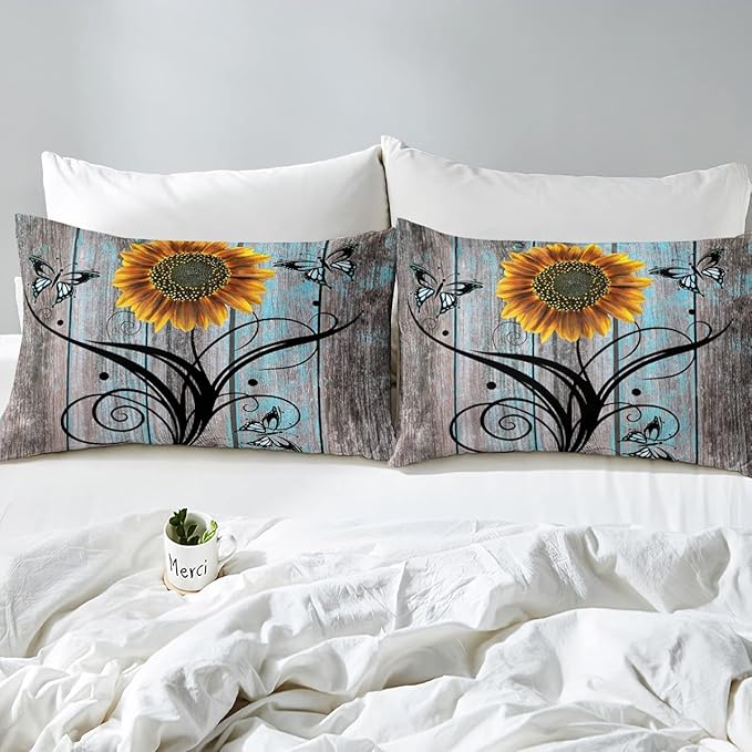 Yellow Sunflower Comforter Set Full Size,Butterfly Bedding Set Rustic Farmhouse Wooden Board Down Comforter for Kids Girls Teens Women,Country Retro Floral Quilt Duvet Sets 1 Pillow Case Blue Grey