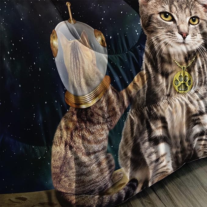 AILONEN Beige Cat Bedding Set Queen Size with Wearing Space Suit Cat Galaxy Planet Comforter Set for Kids Boys Girls,Rocket Starry Soft Breathable Duvet Set 3 Pieces, 1 Quilt and 2 Pillowcases