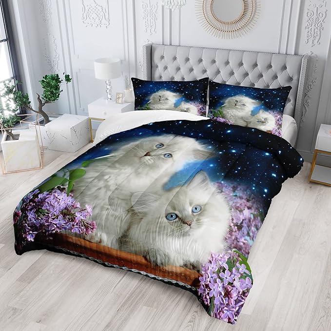 AILONEN Cat Comforter Set for Girls Kids Teens, 3D Printed Cat Bedding Set Twin Size,for Boys Animal Cat Printed Quilted Duvet,Cute Cat Quilt,Easy Care,1 Comforter 2 Pillowcases 3 Piece
